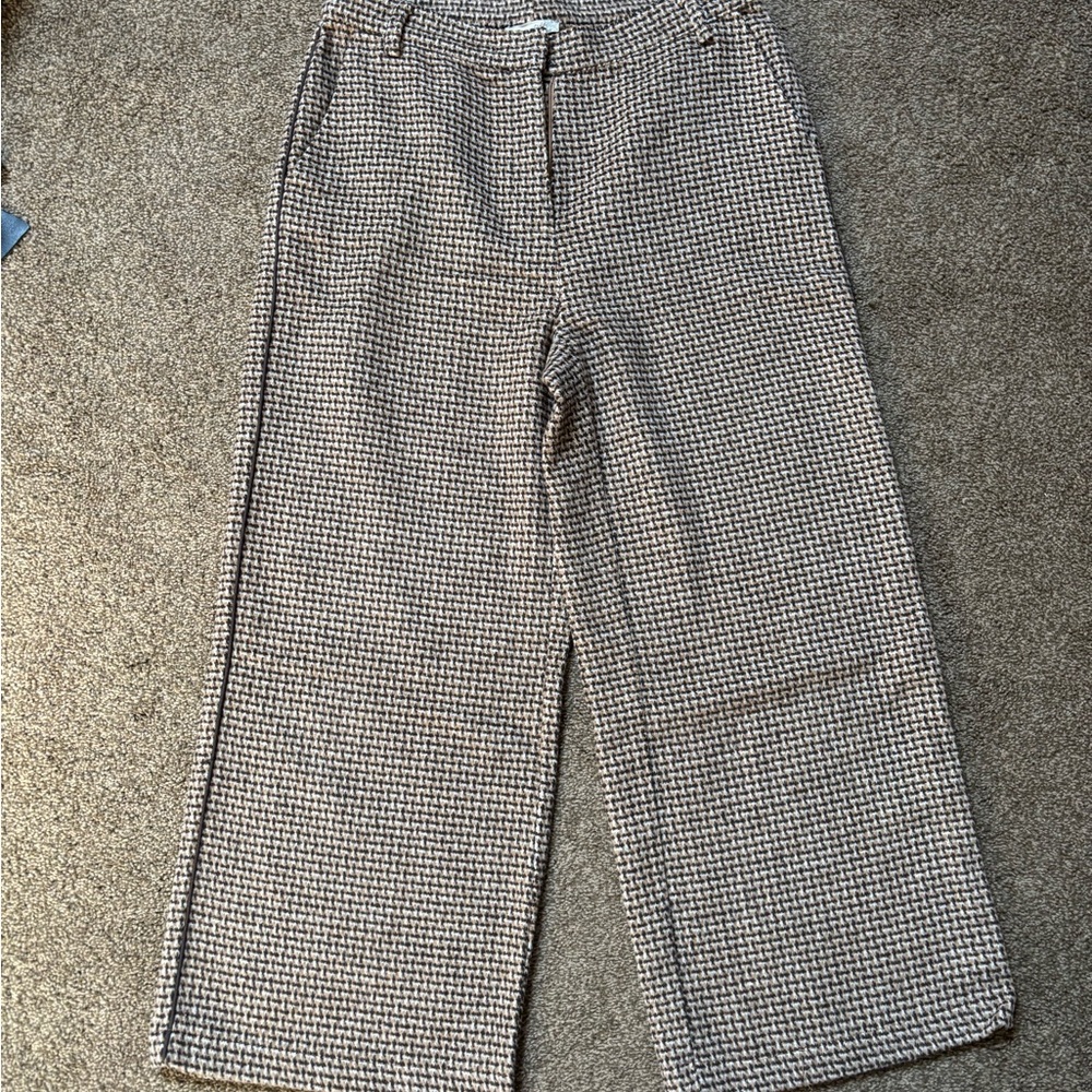 Strada Brown and White Houndstooth Pants - Wide Leg Ankle Cut